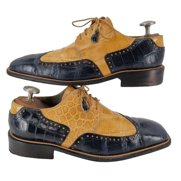 Mauri Vintage Alligator Exotic Mens 12M Honey Tan Navy Blue Dress Shoes Italy - Picture 5 of 10